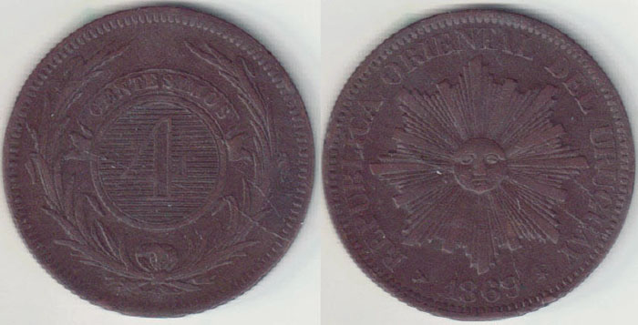 1869 H Uruguay 4 Centesimos A005930